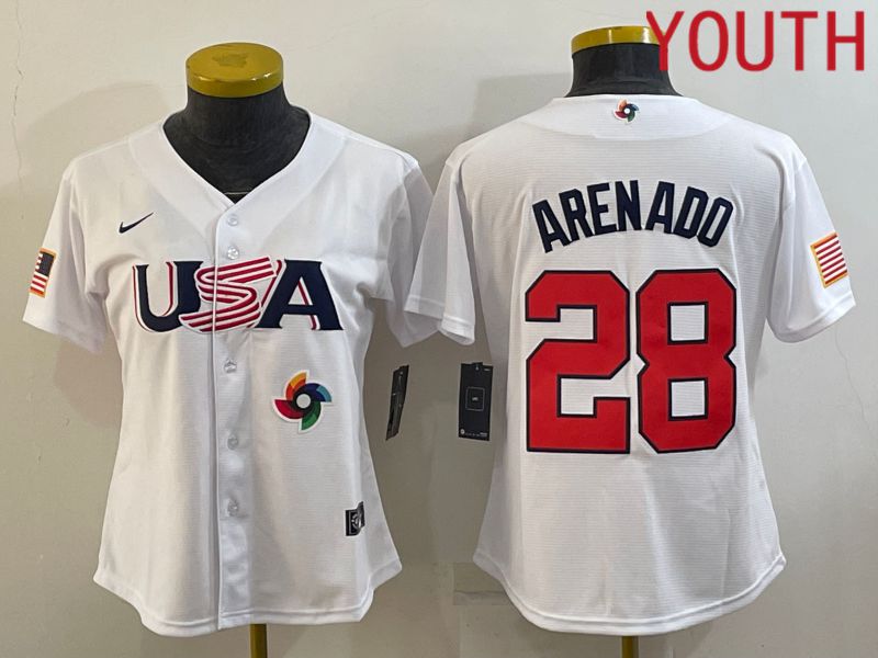 Youth 2023 World Cub USA 28 Arenado White MLB Jersey7